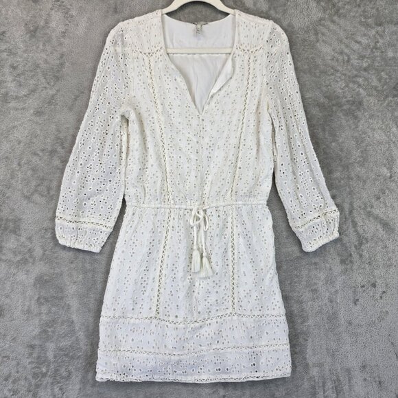 Joie Dress Womens Extra Small White Eyelet Lace Tassel Lined Viscose Boho Mini - Picture 1 of 10